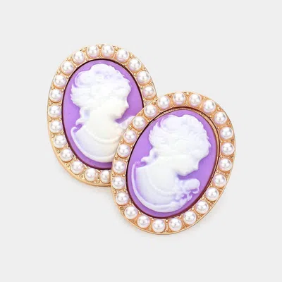 Fashnzfab Pearl Embellished Cameo Stud Earrings In Purple