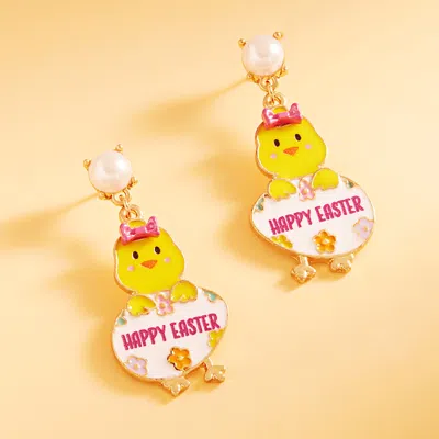 Fashnzfab Enamel Happy Easter Message Chick Egg Dangle Earrings In Yellow