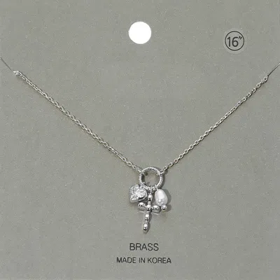 Fashnzfab Metal Bubble Cross Heart Pearl Pendant Necklace In Silver
