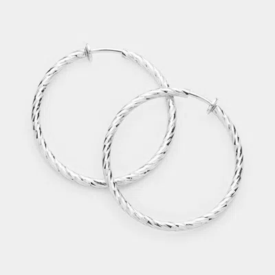 Fashnzfab 1.75 Inch Textured Metal Hoop Clip On Earrings In Silver