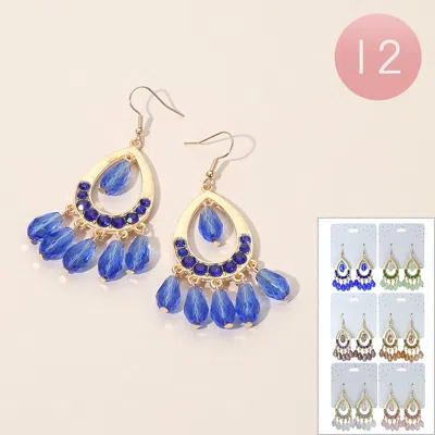 Fashnzfab 12pairs - Faceted Teardrop Stone Beaded Chandelier Dangle Earrings In Blue