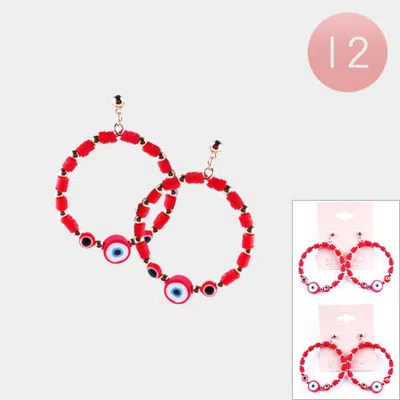 Fashnzfab 12pairs - Evil Eye Heishi Beaded Open Circle Dangle Earrings In Red