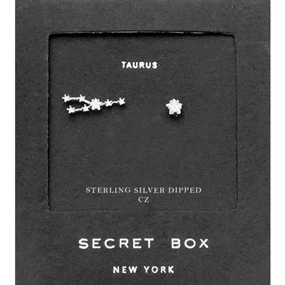 Fashnzfab Secret Box_sterling Silver Dipped Cz Stone Paved Taurus Zodiac Sign Stud Earrings In Silver