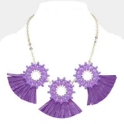 Fashnzfab Oval Stone Cluster Hoop Raffia Fringe Statement Bib Necklace In Purple