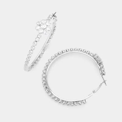 Fashnzfab Bubble Stone Flower Accented Hoop Earrings In Metallic