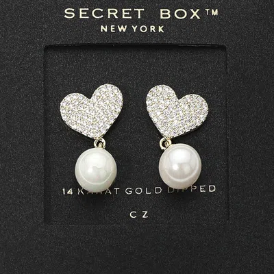 Fashnzfab Secret Box_14k Gold Dipped Cz Stone Paved Heart Accent Pearl Dangle Earrings In Metallic
