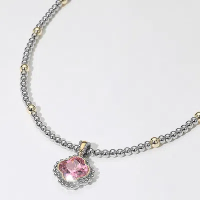 Fashnzfab 14k Gold Plated Cz Quatrefoil Pendant Accent Two Tone Ball Beaded Necklace In Silver