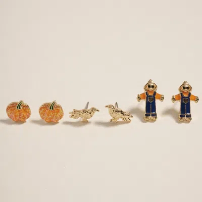 Fashnzfab 3pairs - Autumn Pumpkin Bird Scarecrow Stud Earring Set In Multi
