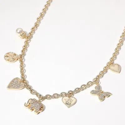 Fashnzfab 14k Gold Plated Cz Stone Paved Elephant Heart Butterfly Heart Clover Pearl Charm Station Necklace In Gold