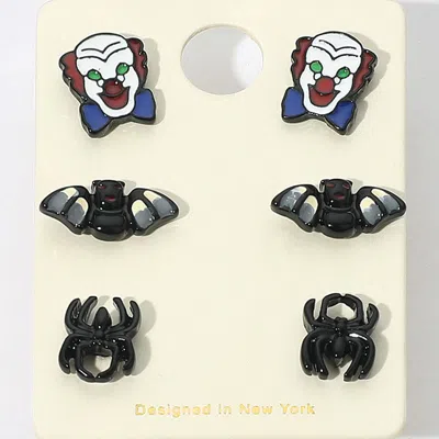 Fashnzfab 3pairs - Halloween Clown Bat Spider Stud Earring Set In Black