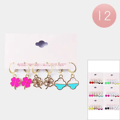 Fashnzfab 12 Set Of 3 - Enamel Clover Quatrefoil Dangle Lever Back Earrings In Gold