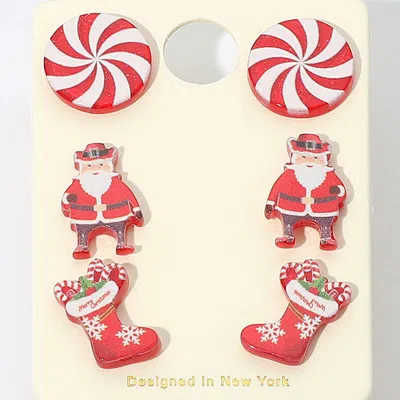 Fashnzfab 3pairs - Christmas Peppermint Santa Socks Stud Earring Set In Red