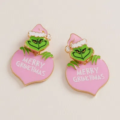 Fashnzfab Merry Christmas Heart Green Monster Earrings In Pink