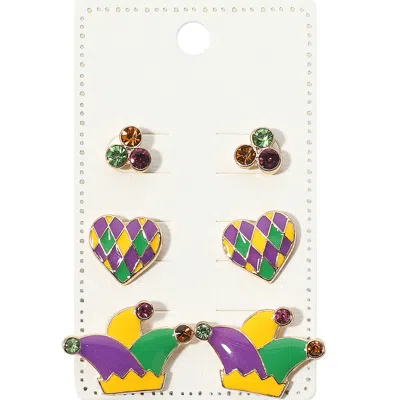 Fashnzfab 3pairs - Enamel Mardi Gras Heart Hat Stud Earring Set In Multi