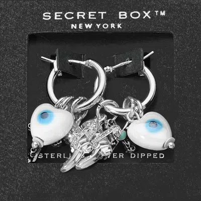 Fashnzfab Secret Box_sterling Dipped Ceramic Evil Eye Heart Cross Western Boot Charm Dangle Pin Catch Hoop Ear In Metallic