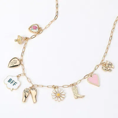 Fashnzfab Bff Message Flower Heart Bow Mushroom Boot Charm Station Paperclip Chain Necklace In Gold