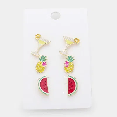 Fashnzfab 3pairs - Enamel Fruit Cocktail Stud Earrings In Gold