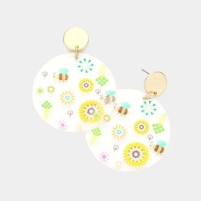 Fashnzfab Flower Honey Bee Printed Clear Lucite Dangle Earrings In Gold