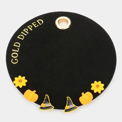 Fashnzfab Secret Box _ Gold Dipped Flower Pumpkin Witch Hat 3pairs Stud Earrings In Black