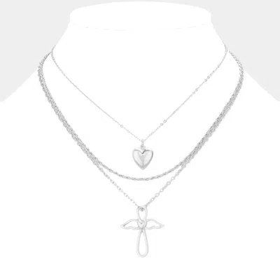 Fashnzfab 3pcs - Metal Heart Angel Wing Cross Pendant Necklaces In Metallic