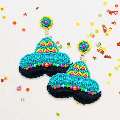 Fashnzfab Felt Back Seed Beaded Hat Mustache Dangle Earrings In Green