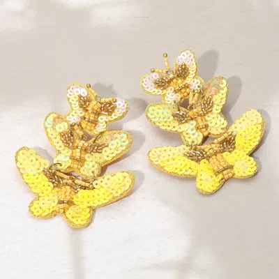 Fashnzfab Felt Back Sequin Triple Butterfly Link Dangle Earrings In Gold