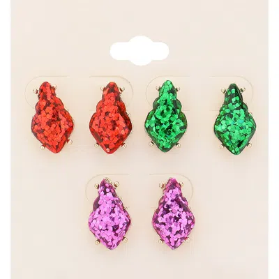 Fashnzfab 3pairs - Glittered Petal Stud Earrings In Multi