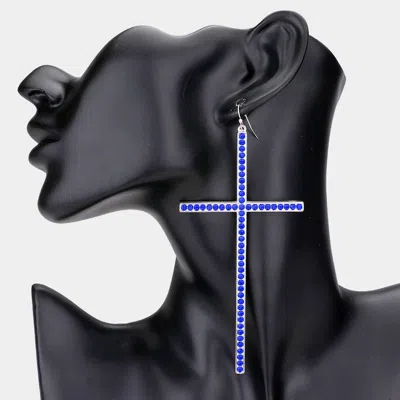 Fashnzfab Oversized Crystal Cross Earrings In Blue