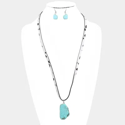 Fashnzfab Turquoise Pendant Cow Patterned Faux Leather Long Necklace In Blue
