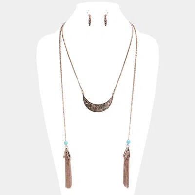 Fashnzfab Chain Tassel Patterned Burnished Metal Necklace In Brown