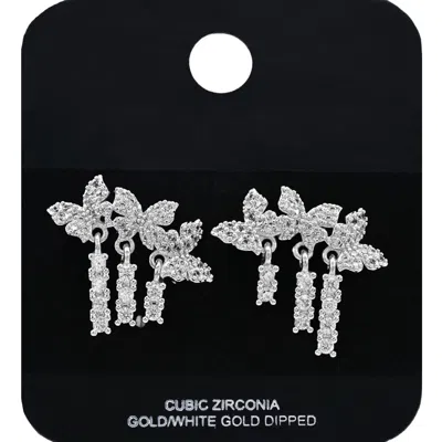 Fashnzfab White Gold Dipped Cz Stone Paved Triple Butterfly Accent Cluster Drop Earrings In Multi