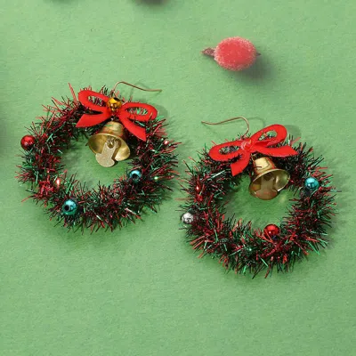 Fashnzfab Bow Bell Christmas Tinsel Wreath Dangle Earrings In Multi