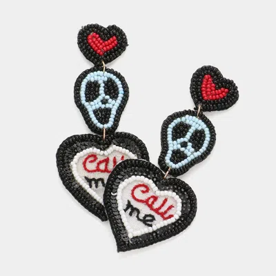 Fashnzfab Felt Back Seed Beaded Heart Skull Call Me Message Link Dangle Earrings In Black