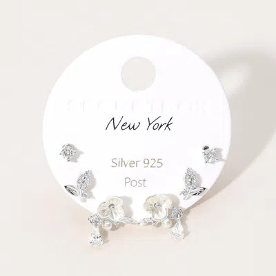 Fashnzfab Secret Box_925 Sterling Silver Post Stone Paved Pearl Flower 3 Pairs Stud Earring Set In Silver
