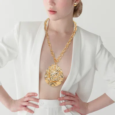 Fashnzfab Bold Textured Metal Teardrop Plate Pendant Statement Necklace In Gold