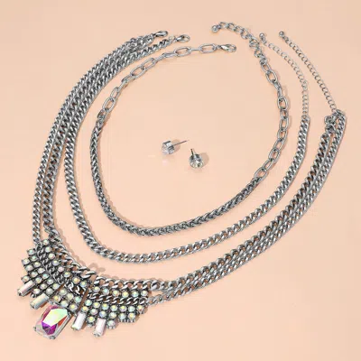 Fashnzfab 3pcs - Crystal Stone Cluster Embellished Plate Accent Chunky Chain Layered Necklaces In Silver