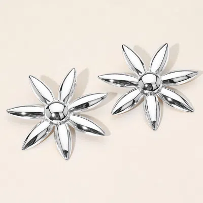 Fashnzfab Shiny Metal Bold Floral Earrings In Silver
