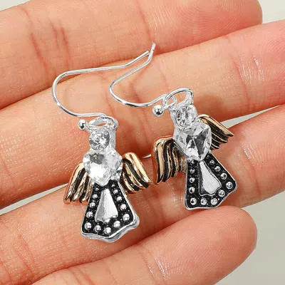 Fashnzfab Two Tone Stone Accent Angle Dangle Earrings In Metallic