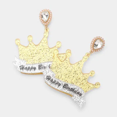 Fashnzfab Happy Birthday Glittered Resin Crown Dangle Earrings In Yellow