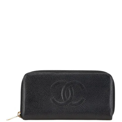 Pre-owned Chanel Grained Calfskin Long Wallet (bi-fold) () In Black