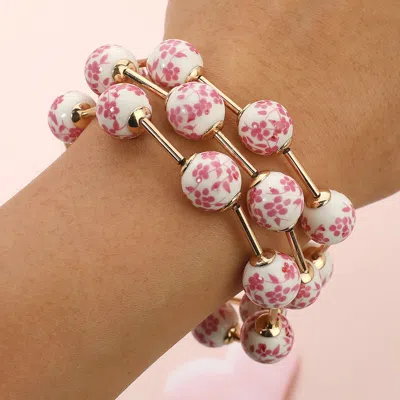 Fashnzfab 3pcs - 1.5" H Floral Ceramic Ball Beaded Stretch Multi Layered Bracelets In Pink