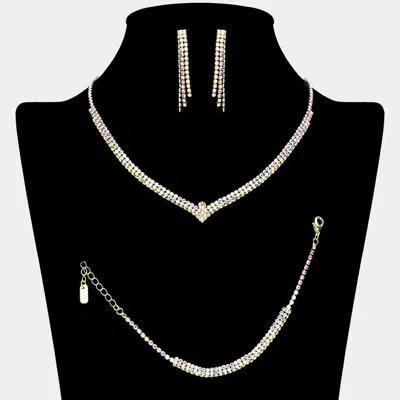 Fashnzfab 3pcs - Rhinestone Necklace Jewelry Set In White