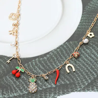 Fashnzfab Pineapple Cherry Chili Quatrefoil Bow Key Pearl Mushroom Flower Good Luck Horseshoe Charm Station Ne In Gold