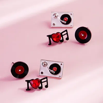 Fashnzfab 3pairs - Enamel Turn Table Music Stud Earring Set In Multi
