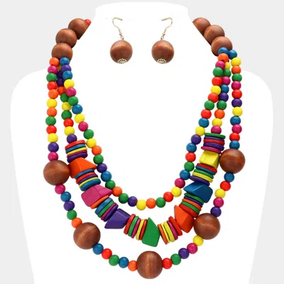 Fashnzfab Wood Ball Beaded Triple Layered Statement Necklace In Multi