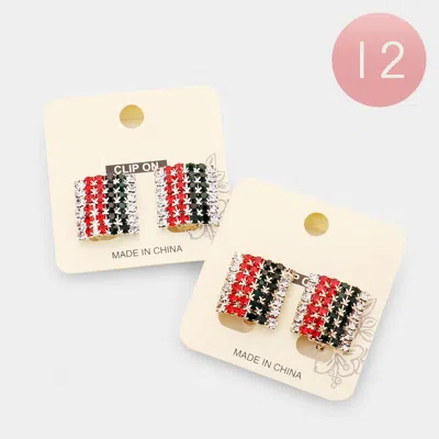 Fashnzfab 12pairs - Color Block Rhinestone Rectangle Clip On Earrings In Red