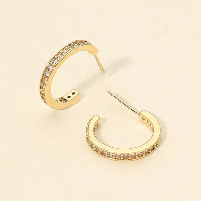 Fashnzfab 14k Gold Dipped Cz Stone Paved Mini Open Hoop Earrings In Gold