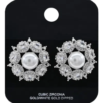 Fashnzfab White Gold Dipped Pearl Accent Cz Stone Cluster Embellished Stud Earrings In Metallic