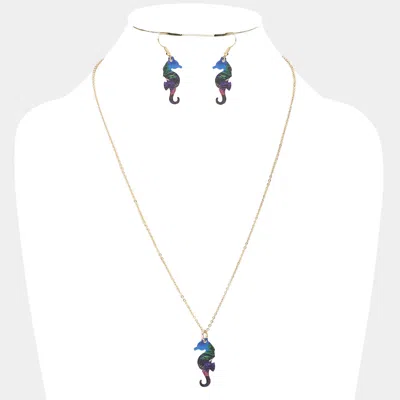 Fashnzfab Patterned Seahorse Pendant Necklace In Blue