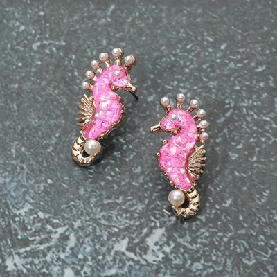 Fashnzfab Pearl Confetti Glittered Seahorse Earrings In Pink